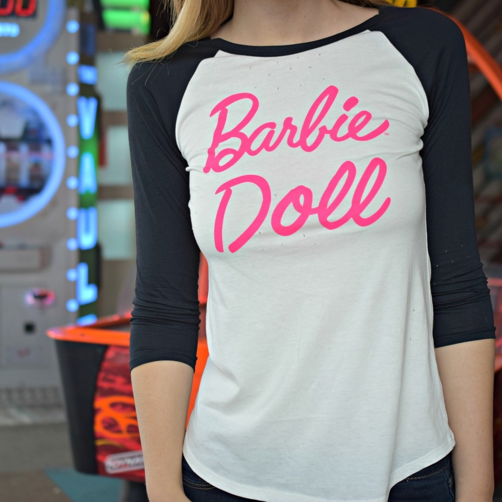 Barbie Doll Pink Script Baseball T / Navy Sleeves